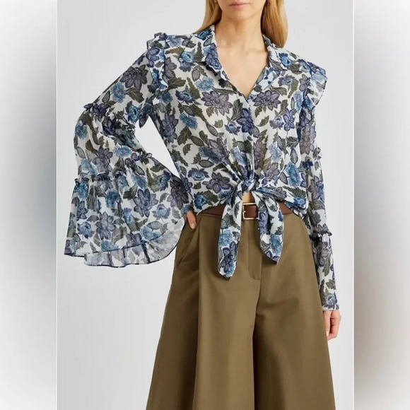 NEW MISA Los Angeles Arya Floral Bell-Sleeve Button-Front Top - Picture 1 of 14